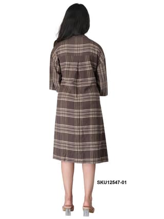 Women's Plaid Brown Cotton Midi Dress with 3/4 Sleeves