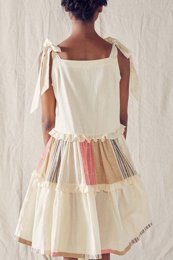 Tie Top Flared Dress In Red And Off White Checks Cotton Khadi Mulmul view 4
