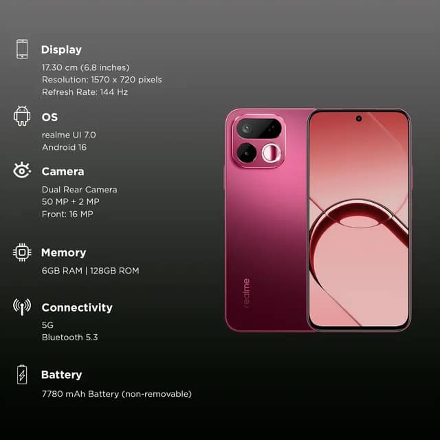 REALME 16 T 5G (Starlight Red, 6GB RAM, 128GB Storage) view 2
