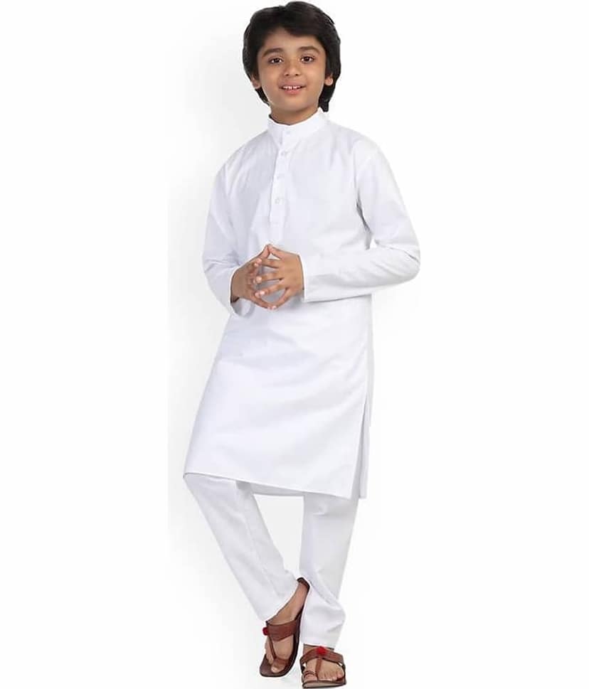 hrr Boys Cotton Blend Solid - Pattern Kurta Pyjama Set ( White , Pack of 1 )