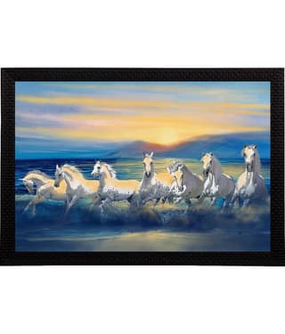 eCraftIndia Blue & Yellow 7 Lucky Running Horses Satin Matt Texture UV Wall Painting