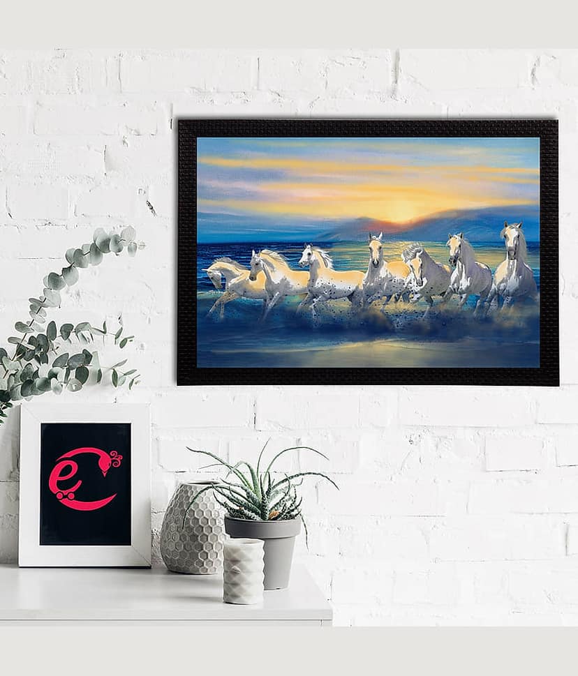 eCraftIndia Blue & Yellow 7 Lucky Running Horses Satin Matt Texture UV Wall Painting view 2