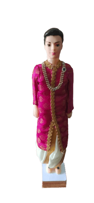 Traditional Indian Groom Doll in Dark Pink Sherwani with Gold Embroidery