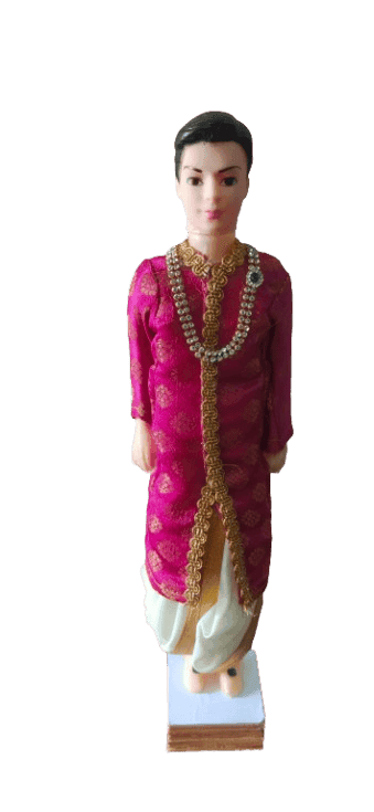 Traditional Indian Groom Doll in Dark Pink Sherwani with Gold Embroidery