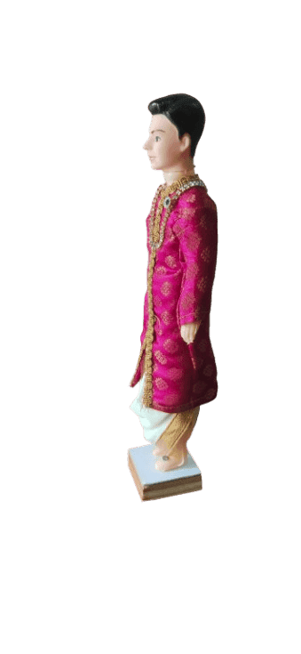 Traditional Indian Groom Doll in Dark Pink Sherwani with Gold Embroidery view 2