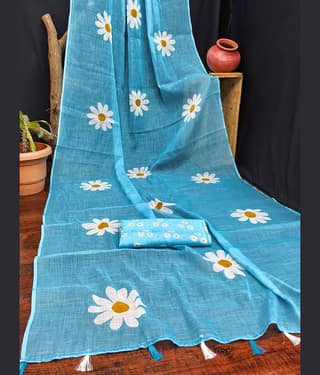 ANAND SAREE Cotton Blend Printed Regular Saree With Unstitched Blouse Piece ( Blue )