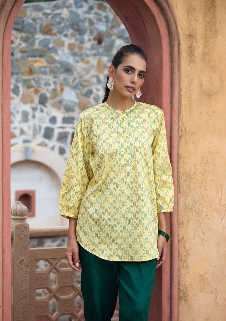 HOC Crafts Glazed Cotton Hand Block Printed Women's Short Kurta - Yellow