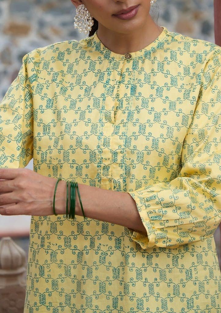 HOC Crafts Glazed Cotton Hand Block Printed Women's Short Kurta - Yellow view 2