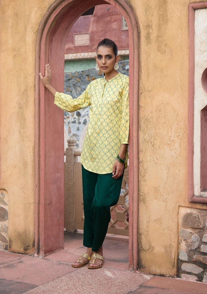 HOC Crafts Glazed Cotton Hand Block Printed Women's Short Kurta - Yellow view 3