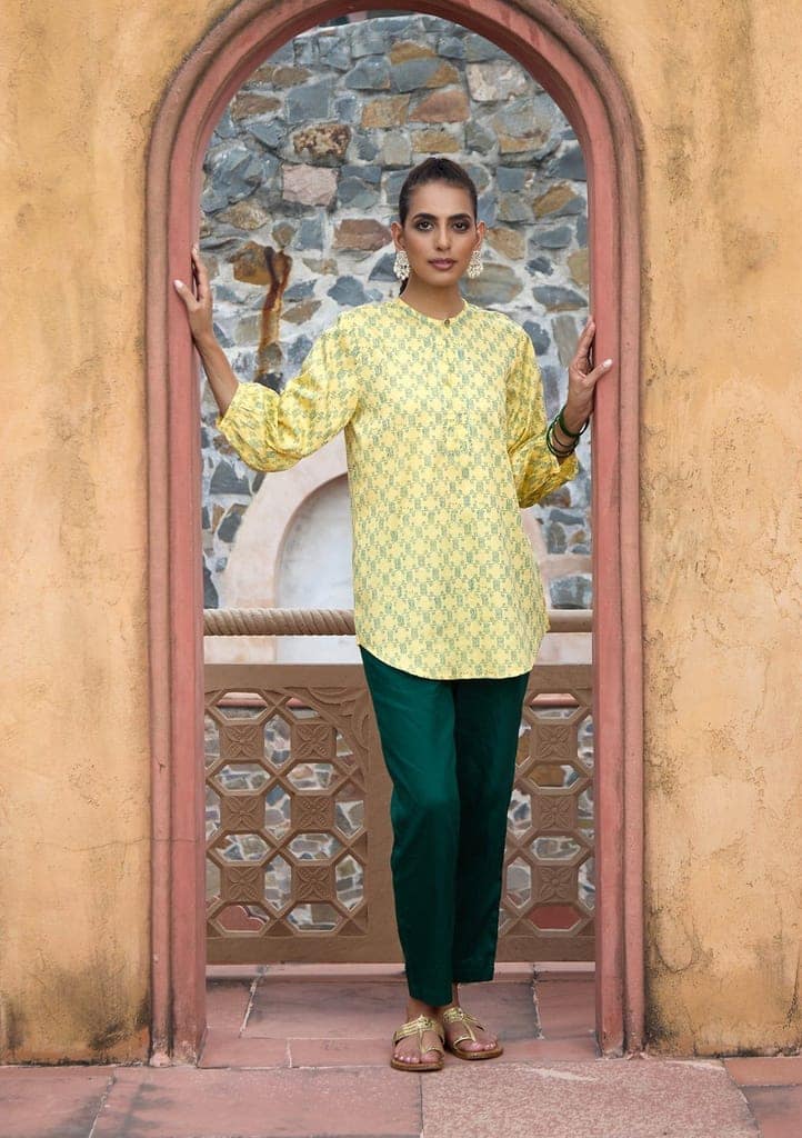 HOC Crafts Glazed Cotton Hand Block Printed Women's Short Kurta - Yellow view 4