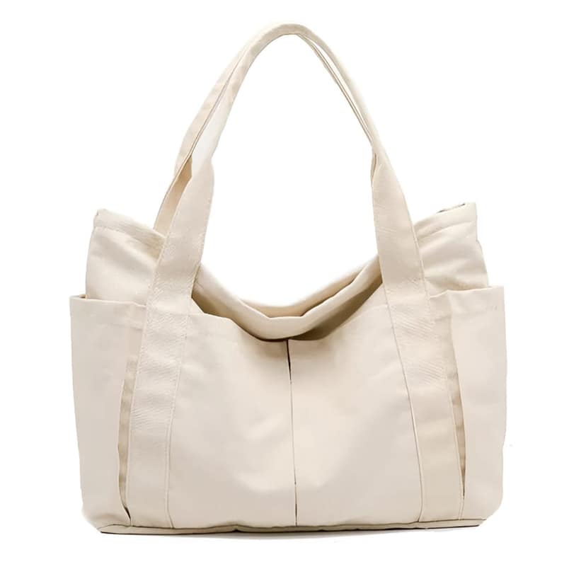 Miloy Large Oversized Canvas Tote Bag for Women, Inside Secret Pocket with Zip and Multi Pocket Bag for Shopping, Office & Daily Use Heavy Duty Tote Bags for Women, Beige, Pack of 1