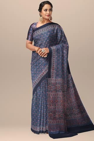 Black Ajrakh Hand Block Printed Modal Silk Saree with Floral and Geometrical Print SKU-BS10070