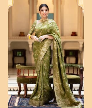 YUG ART Banarasi Silk Embellished Saree With Unstitched Blouse Piece ( Rama )