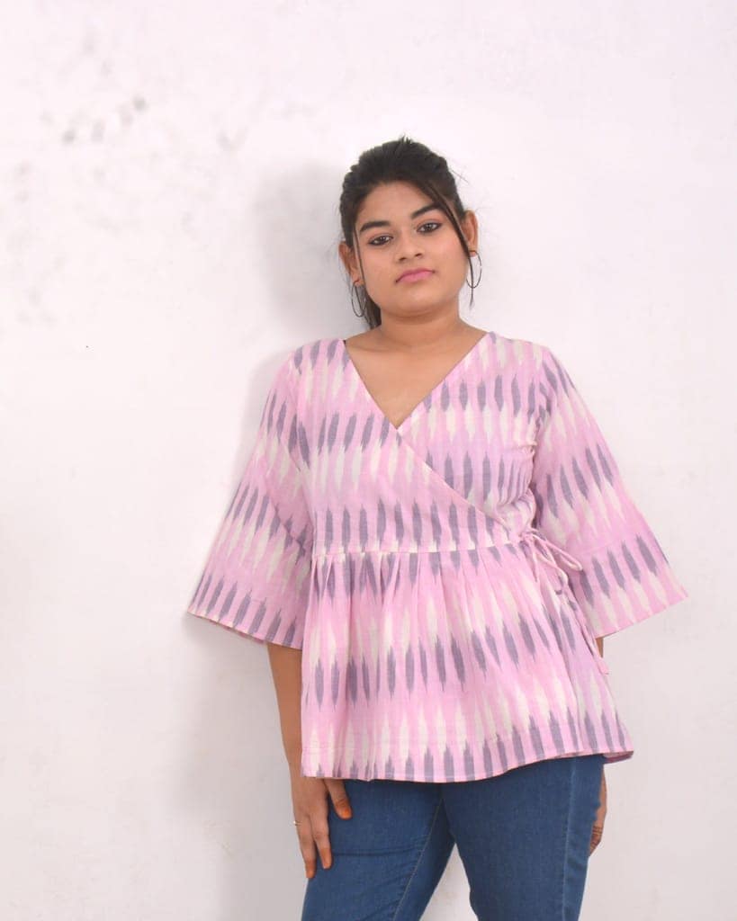 Pink Ikat Lolly handwoven wrap cotton Peplum Top view 2