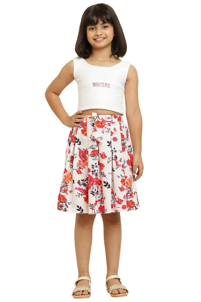 Stylish Red Floral Printed Elastic & Ribbon Skirt for girls.