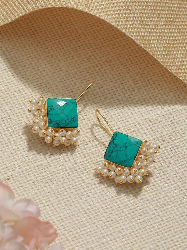Gold Plated Turquoise Blue & Pearl Beaded Hoop Earrings view 2