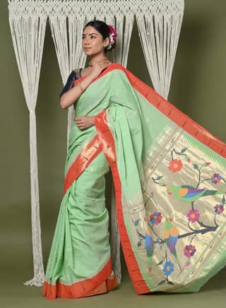 EXCLUSIVE! Handloom Pure Cotton Muniya Border Paithani With Zari Parrot pallu