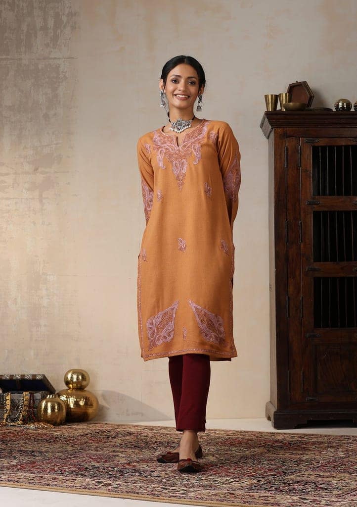 HOC Crafts Aari Embroidered Woollen Solid Women's Long Kurta - Rust view 3