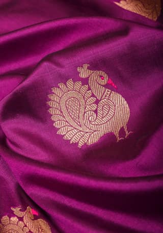Peacock Butta Shikaargah Banarasi Meenakari Saree in Purple and Red | Silk Mark Certified