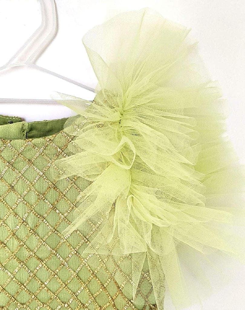 Fitting Choli Flare Ghagra Gota Fabric Fluffy Ruffle Sleeves |Birthday Dress Green,Pink view 2
