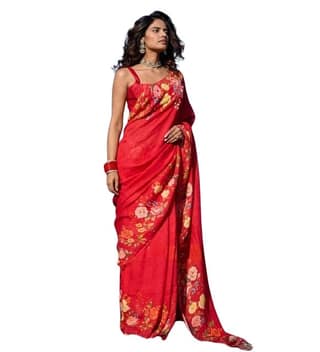Women's Linen Floral Printed Saree With Unstitched Blouse - 5.5 Mtr (Red)