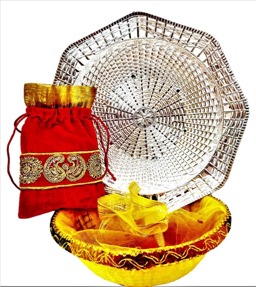 Omkar by R3 Inc. Royal Gift Basket & Shagun Potli Combo pack for Gifts Hampers | Fancy Gifting | Wedding Gifting|Shagun|Return Gift (Pack of 3) Shagun Potli, Silver & Round Basket - Multi Color view 2