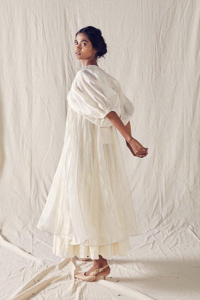 Ivory Balloon Sleeve Dress In Cotton Silk Chanderi And Off White Checks Cotton Khadi Mulmul view 2