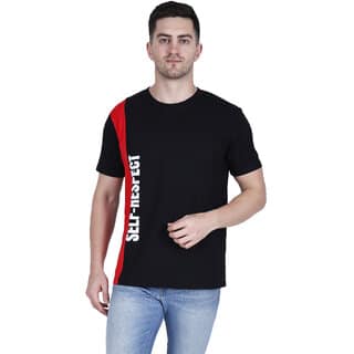 Life Dream Mens Black Embellished Cotton Blend Round Neck T-Shirt