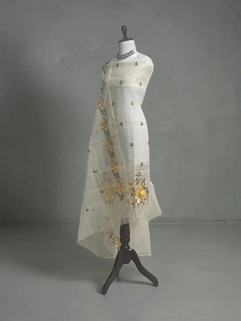 Handwoven Kota Doria Dress Material with Hand-Embroidered Floral Motifs view 2