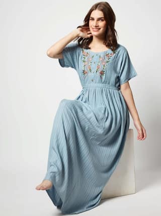 Zeyo Women Rayon Light Blue Floral Embroidery Ghera Nighty