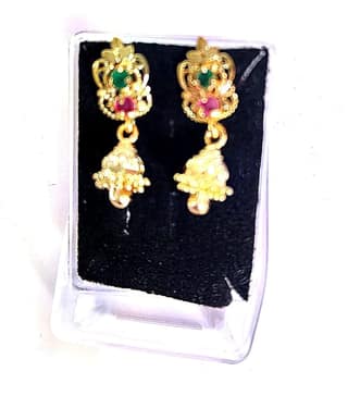 Gold Plated Traditional Indian Jhumka Earrings with Ruby and Emerald Stones