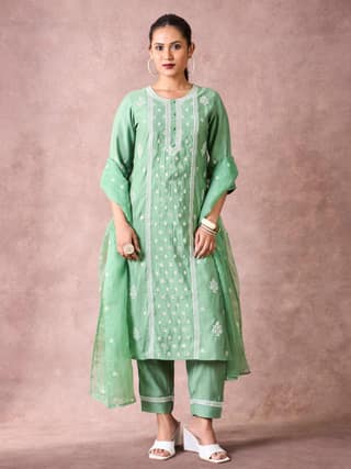 Mint Green Viscose Blend Kurti Set & Dupatta With Embroidery