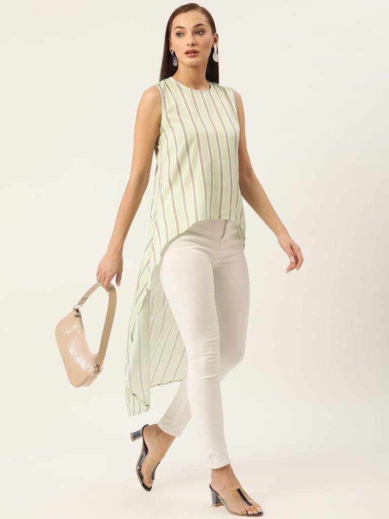 Green & Taupe Striped Crepe High-Low Longline Top view 5