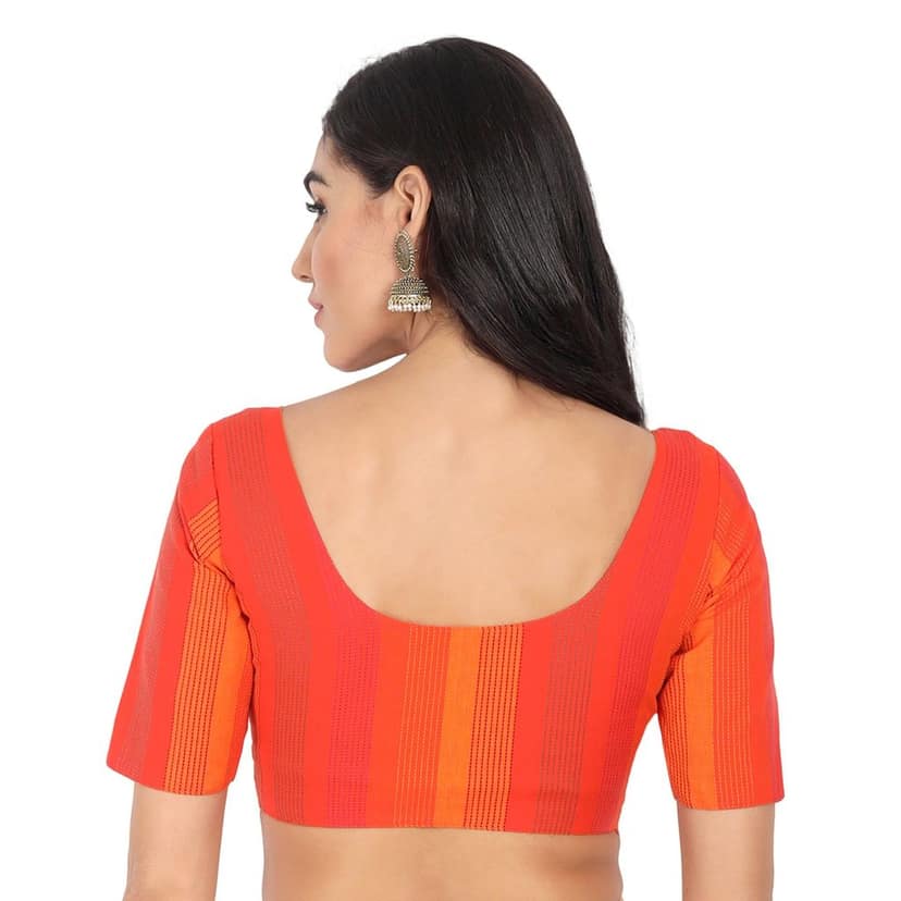 Cotton Stripe Normal Elbow Length Sleeve Blouse, Orange view 2