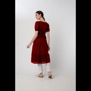 JADIIDA Beautiful Embroidery Women Hakoba Cotton A-line Kurta (Maroon) view 3