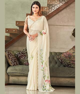 BLEESBURY Polyester Printed Saree With Unstitched Blouse Piece ( Off White )
