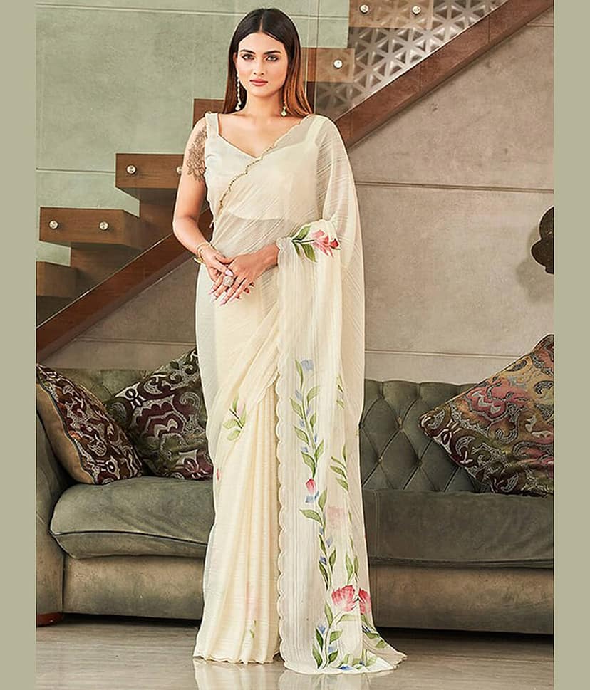 BLEESBURY Polyester Printed Saree With Unstitched Blouse Piece ( Off White )
