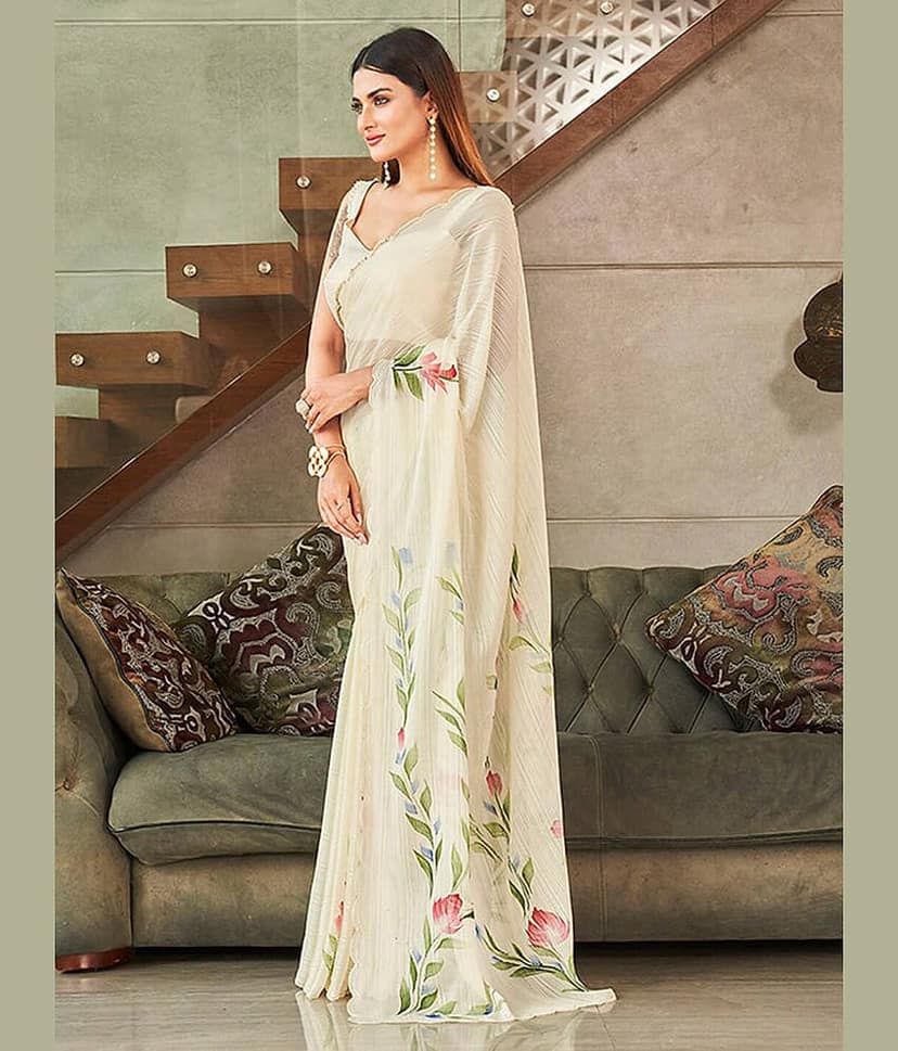 BLEESBURY Polyester Printed Saree With Unstitched Blouse Piece ( Off White ) view 2