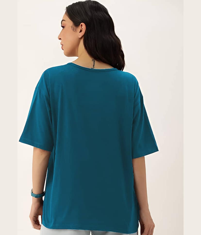 AUSK Women Cotton Printed Oversized Round Neck T-Shirt ( Teal ) view 2