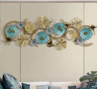 Metal Wall Art Lotus Leaves Wall Hanging Wall Decor Sculpture (46 X 17 Inch) For Home Hotel Restauran Decoration. (16-BUTTERFLY-BLUgold)