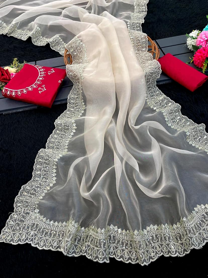 Gold Tissue Organza Saree for Special Occasions (Color - Gold) by SHIV TEXTILES view 2