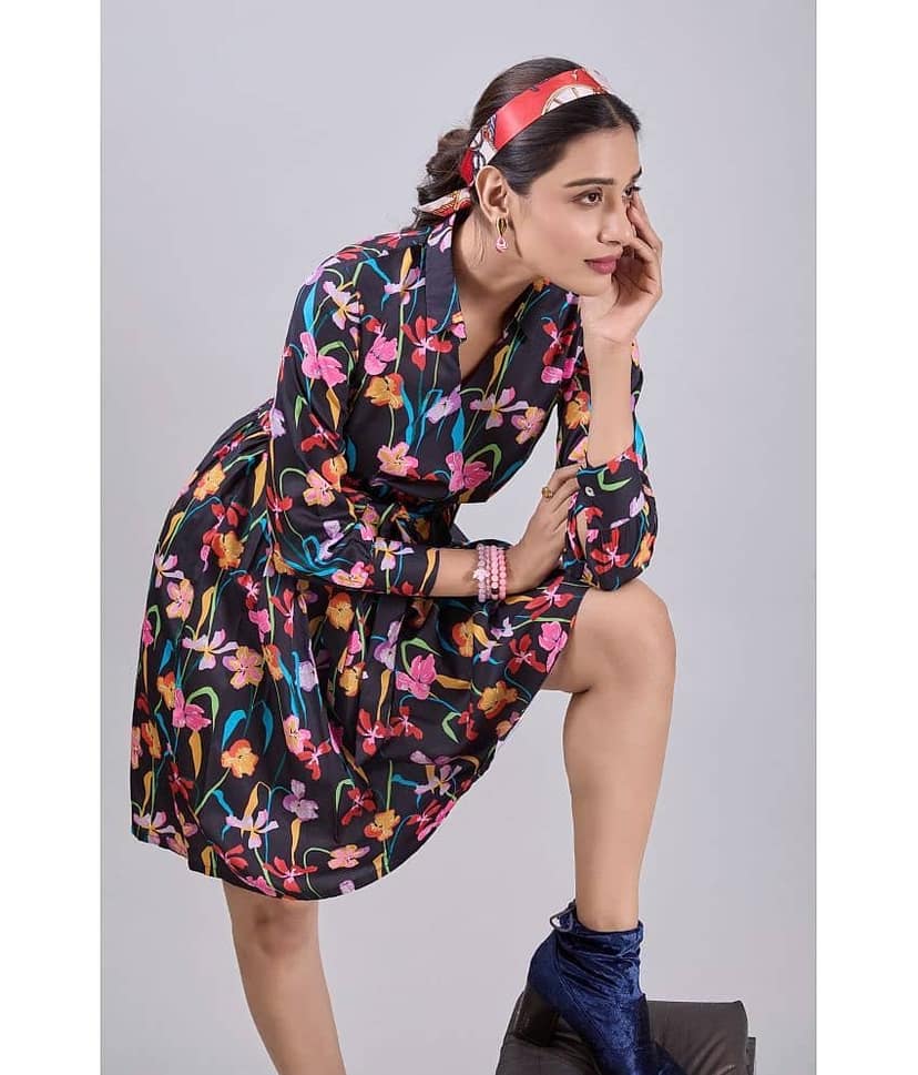 Amarasha Women Crepe Printed Fit & Flare Dress ( Black ) view 2