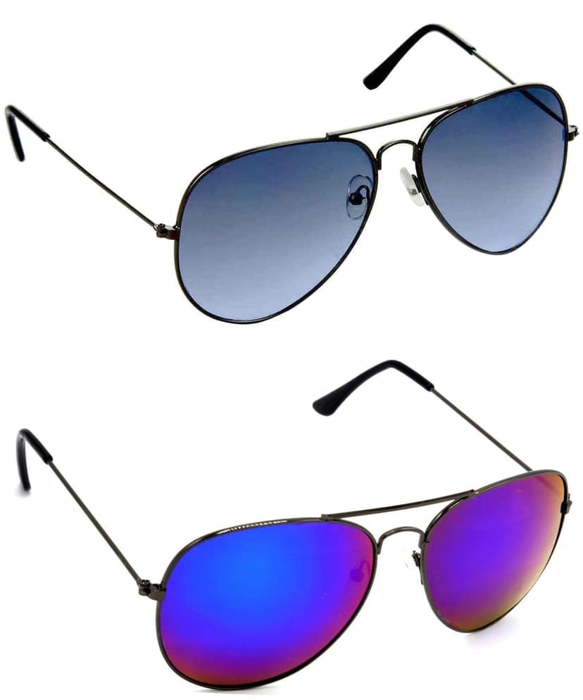 HRINKAR Unisex Pilot Sunglasses Grey Frame, Blue & Pink Lens (Medium) - Pack of 2