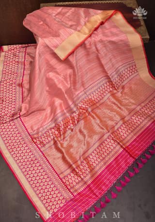 Peachy Pink Banarasi Brocade Silk Saree with Kadhiyal Border | SILK MARK CERTIFIED