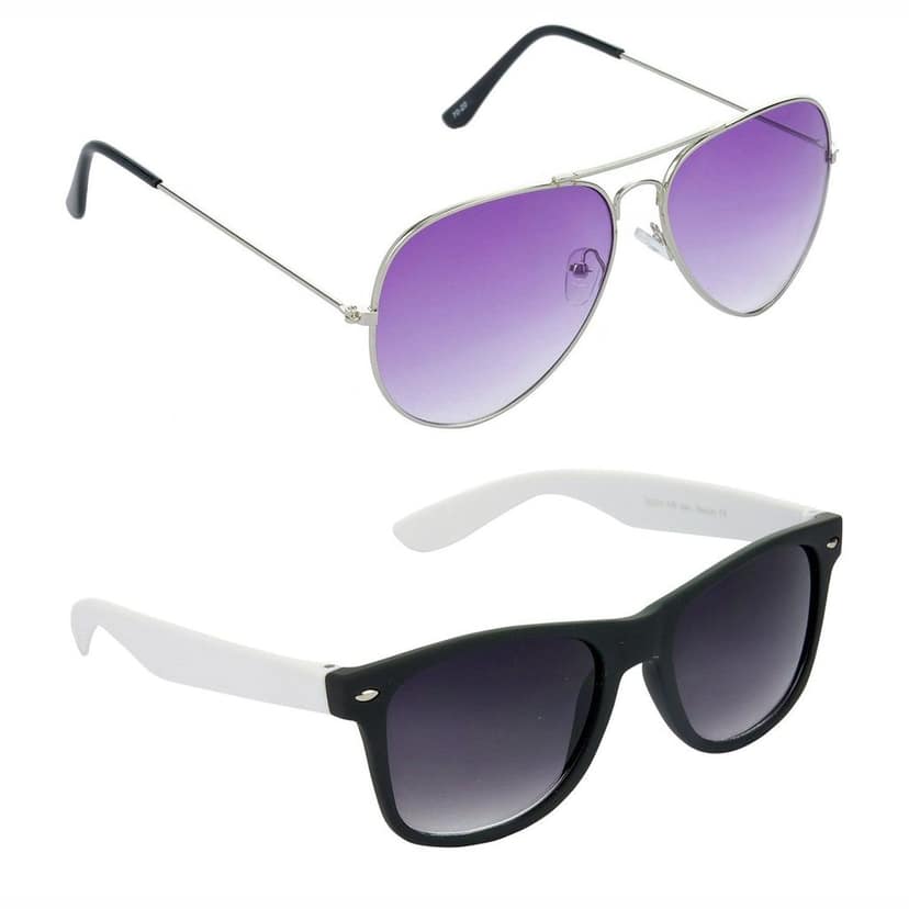 HRINKAR Men Women Boys & Girls Pilot & Rectangular Sunglasses Silver & White Frame, Violet & Grey Lens (Medium) Pack of - 2