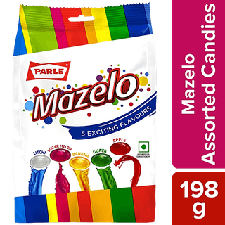 Parle Mazelo Assorted Candies - Litchi, Watermelon, Banana, Guava & Apple, 198 G