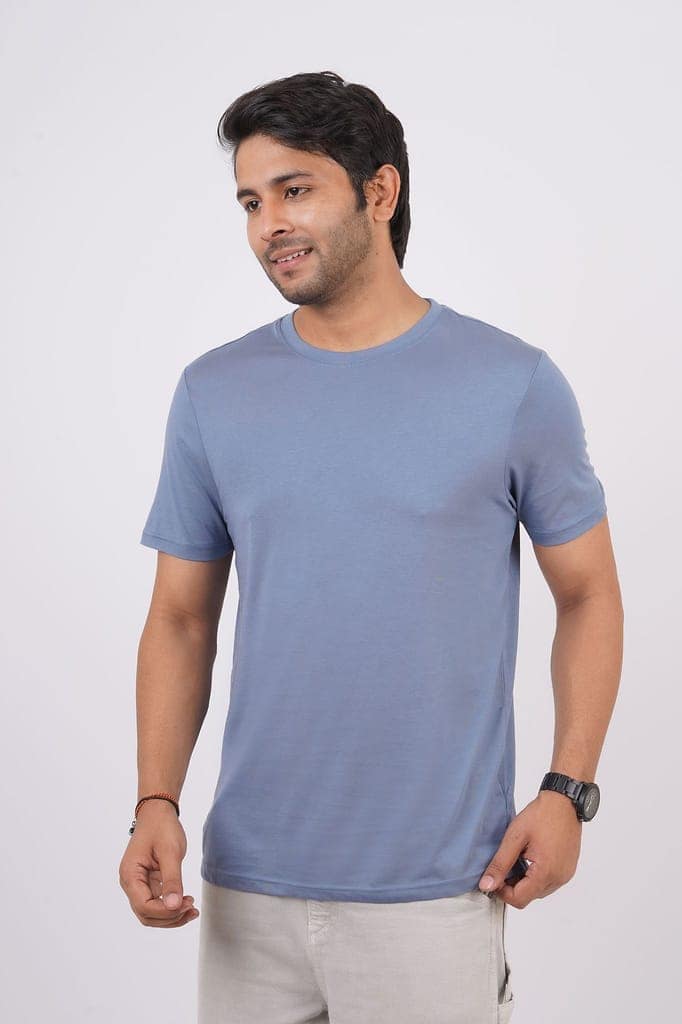 Men's Denim Blue Pima Cotton Crew Neck view 3