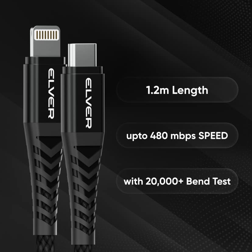 Elver USB-C to Lightning Cable, 27W Fast Charging, 1.2M Length, 480Mbps Data Speed, Tangle-Free - Black view 2