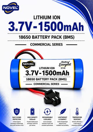 NOVEL 3.7V 18650 LITHIUM ION SM PIN BATTERY WITH CHARGING CABLE- 1500mAh