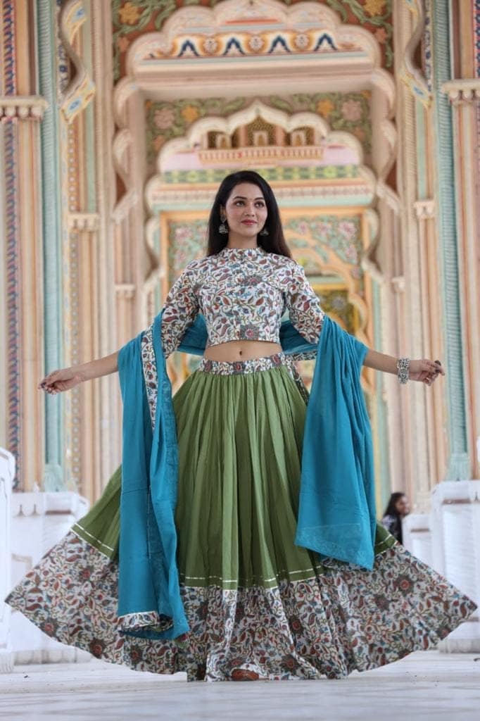 Handblock Printed Cotton Lehanga And Top With Mulmul Dupatta Green and Blue Color-8014 view 2